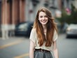 © orelphoto - Close up portrait of European beautiful teen teenager girl in skirt walks at street. Generative AI