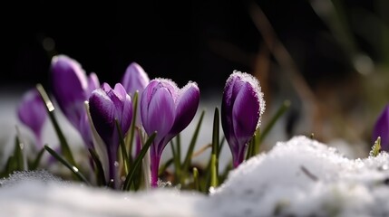 Wall Mural - Snow melting with spring bloom of crocuses. Closeup. Copy space. Generative ai.