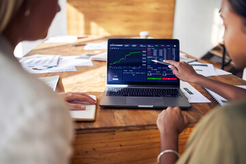 Poster - Computer screen, stock market and people hands in meeting, data analytics or statistics analysis of profit growth. Analyst women show client on laptop for trading. Investment app and finance fintech