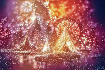 Poster - indian teepee standing in beautiful night landscape and shaman woman. Collage of digital art and real photos.