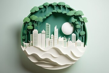 Wall Mural - Eco friendly city concept in a beautiful paper cut style design. Green living and urban sustainability on Earth. Generative AI