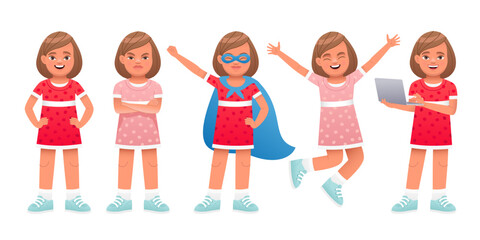 Wall Mural - Girl stands with her arms crossed and looks suspiciously, with a laptop in her hand, in a jump, in a superhero costume. Cute white baby stands in different poses. Little beautiful girl