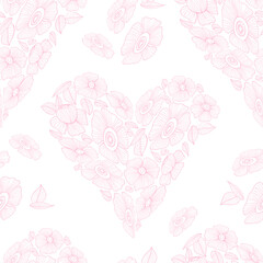 Wall Mural - Seamless pattern with floral heart. Linear pink groovy daisy flower on transparent background. Vector Illustration. Aesthetic modern art hand drawn for wallpaper, design, textile, packaging, decor.