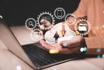 Aufkleber - Cloud technology. Data storage. Networking and internet service concept. man showing virtual screen with cloud computing diagram.