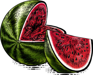Wall Mural - A watermelon fruit in a vintage woodcut engraved etching style drawing