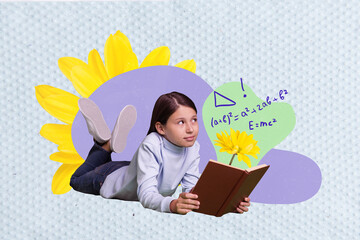 Composite photo artwork minimal collage of young dreamy little schoolgirl reading planner copybook look geometry formulas isolated on blue background