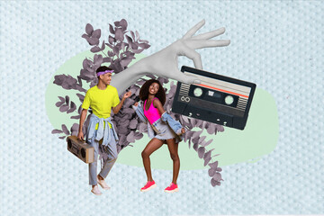 Canvas Print - Composite artwork collage design of youngsters dancing have fun listen retro music old school cassette tape boombox isolated on blue background