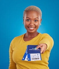 Sticker - Giving passport, travel tickets and portrait of black woman in studio with flight documents, boarding pass and ID. Traveling agency, hand out and girl smile for immigration, holiday and global trip