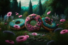 Donut Valley #7: Three Many Colorful Donuts Grow In The Magical Valley, Generative AI 