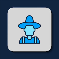 Sticker - Filled outline Farmer in the hat icon isolated on blue background. Vector