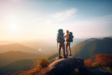 Wall Mural - A pair of man and woman friends standing on top of a mountain together on a hike with backpacks in the sunset sunlight, a view of the beautiful scenery from above, a family hike. Generative AI.