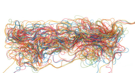 Wall Mural - tangled colorful cotton threads isolated on white background. abstract thread lines chaos pattern.