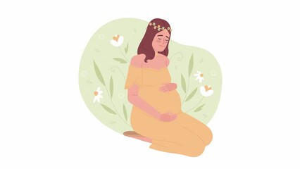 Poster - Animated pregnancy emotional support. Pregnant lady with flower crown. Flat 2D character 4K video footage. Color isolated animation with alpha channel transparency for web design, site, social media