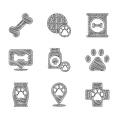 Sticker - Set Bag of food, Location veterinary, Veterinary clinic, Paw print, Dog bone, Canned and icon. Vector