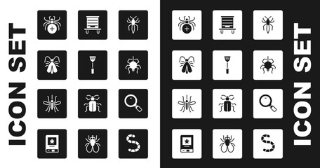 Wall Mural - Set Spider, Fly swatter, Clothes moth, Hive for bees, Magnifying glass and Mosquito icon. Vector