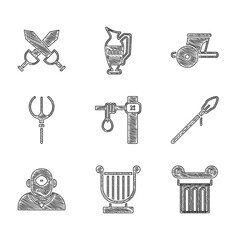 Wall Mural - Set Gallows, Ancient lyre, column, Medieval spear, Cyclops, Neptune Trident, chariot and Crossed medieval sword icon. Vector