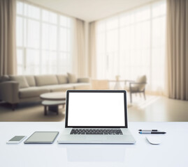 Blank white screen laptop computer. Advertising mock up.