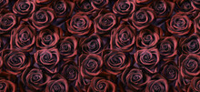 Roses In Plum Red Color, Horizontal Seamless Pattern. Roses Arrangement In Plum Red And Brown Modern Gothic Style.