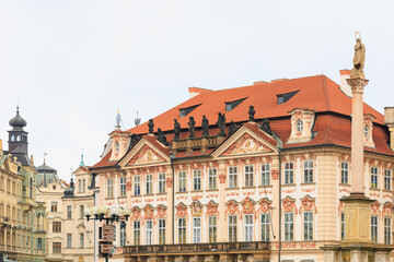 Facade of the house of classical European architecture of the old cozy tourist city. Background