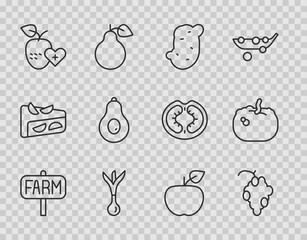 Poster - Set line Location farm, Grape fruit, Potato, Onion, Healthy, Avocado, Apple and Pumpkin icon. Vector