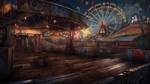Creepy, Abandoned And Haunted Amusement Park, Fairground, Circus, Digital Illustration, Concept Art, Generative AI