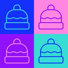 Sticker - Pop art line Beanie hat icon isolated on color background. Vector