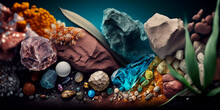 Collage Wallpaper Of Textured Natural Stones And Minerals Of The Planet On A Colored Background, Screensaver Wallpaper, Gemstones Of Different Colors And Textures. Generative AI.