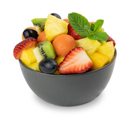 Wall Mural - Fruit salad in the gray bowl. Pineapple, papaya, kiwi, grapes, strawberry. Clipping mask. Isolated on white background.