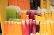 Fruit juice in plastic bottles sell as street food in Thailand.