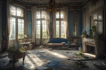Old abandoned  luxurious french room , generative ai