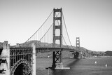 Fototapeta Miasta - Golden Gate Bridge San Francisco with blue sky and no fog or clouds. Picture is in b/w. View from Golden Gate Viewpoint