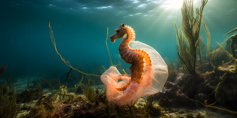 Seahorse fish and plastic garbage. Plastic pollution in ocean problem. Generative AI.