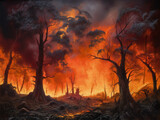 Fototapeta Do pokoju - fiery forest landscape, vivid burning trees illustration, ecological catastrophe, generative AI