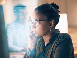 Poster - Overlay, programming and coding with a black woman developer thinking while working on a ux, ai or 3d interface. Computer, software and data with a female employee or programmer reading code at work
