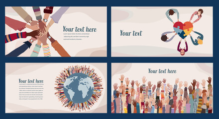 Wall Mural - Volunteer people group concept landing page poster editable template. Multicultural people with raised hands. People diversity holding heart.Hands in a circle. Solidarity. NGO Aid concept
