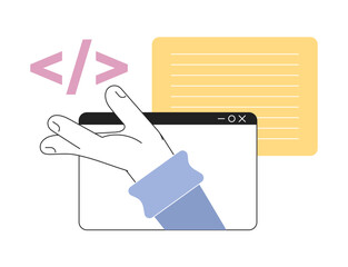 Fototapete - Creating website script line concept vector spot illustration. Webpages. Editable 2D flat cartoon objects with hand on white for web design. Creative lineart idea for website, mobile, blog
