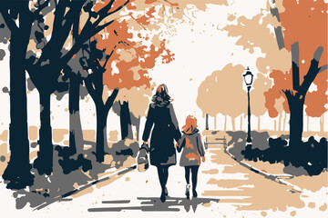 Mother and daughter walking together in a park. Family love. Vector art painting of grandmother walking with her child. Adorable background. Walking outdoor, together. Unity family. Road to happiness