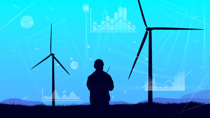 Wind turbines. Power plant engineer silhouette. Electro generating technologies. Wind turbines on blue. Construction of windmills. Generation of electricity. Offshore wind generators. 3d image