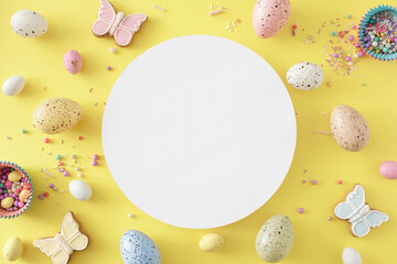 Wall Mural - Easter celebration concept. Top view composition of white circle colorful eggs butterfly cookies сolorful candies and sprinkles in paper baking molds on pastel yellow background with blank space
