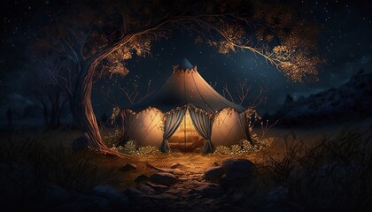 a beautiful place for a tent, with cozy lights at night