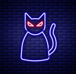 Wall Mural - Glowing neon line Black cat icon isolated on brick wall background. Happy Halloween party. Colorful outline concept. Vector