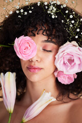 Wall Mural - Beauty, flowers and face of woman relax with makeup, cosmetics and hair care for wellness, glamour and glow. Spring aesthetic, spa and girl model for natural, skincare and facial treatment in studio