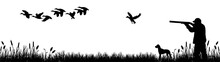 Wildlife Duck Animals Hunting Hunt Landscape Panorama Vector Illustration - Black Silhouette Of Hunter With Rifle Gun And Dog In Reed Bog Shoots At Flying Mallard Ducks, Isolated On White Background