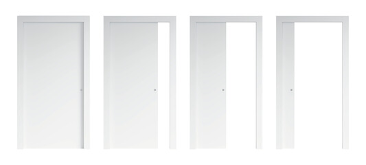 Wall Mural - Set of four opening options of isolated white sliding doors. The door is closed, the door is 1/4 open, the door is 1/2 open, the door is 3/4 open. Front view. 3d render