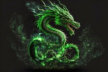 Green Angry Dragon Made Of Flame And Smoke On Black Background, Generative Ai.