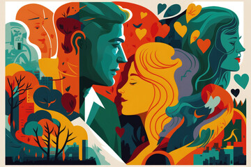 Wall Mural - Flat retro design: Romantic love between people. Lowers in rich colors | Generative AI Production