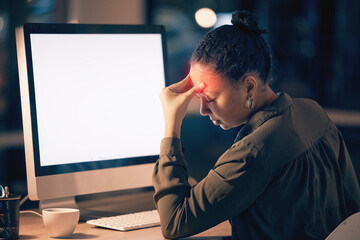 Fototapete - Woman, headache and computer mockup screen in stress, burnout or suffering pain at night by office desk. Businesswoman touching painful head by desktop PC with copy space display at workplace
