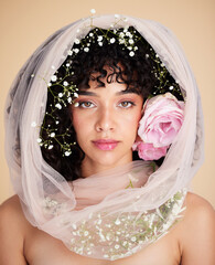 Wall Mural - veil, flowers and portrait of woman for beauty, cosmetics and makeup for wellness, glamour and glow 