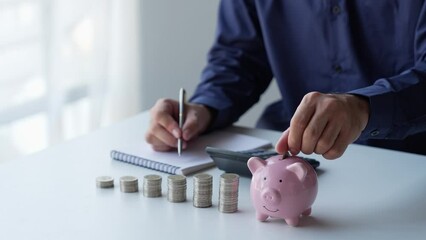 Wall Mural - woman hand putting money coin into piggy for saving money wealth and financial concept.