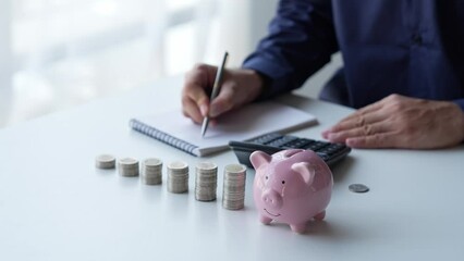 Wall Mural - woman hand putting money coin into piggy for saving money wealth and financial concept.